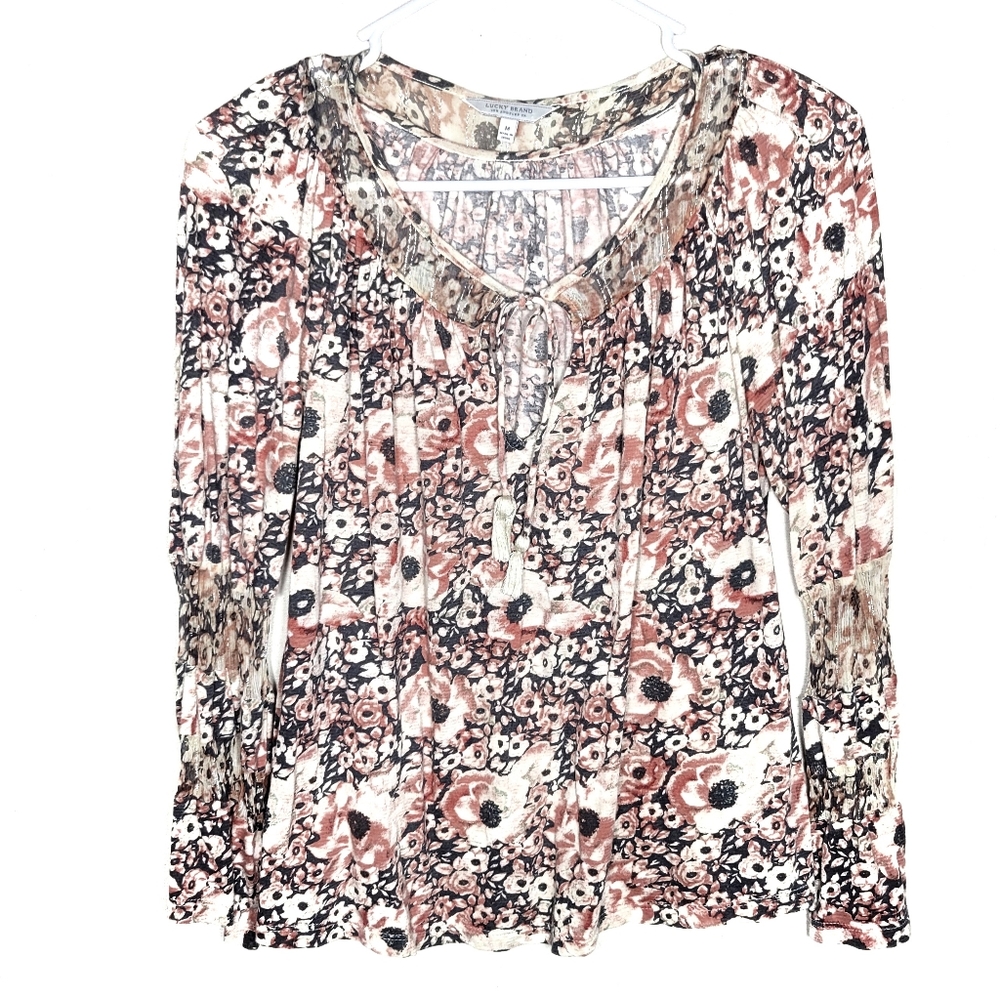 Lucky Brand pink floral longsleeve keyhole tie blouse casual flowy loose boho M